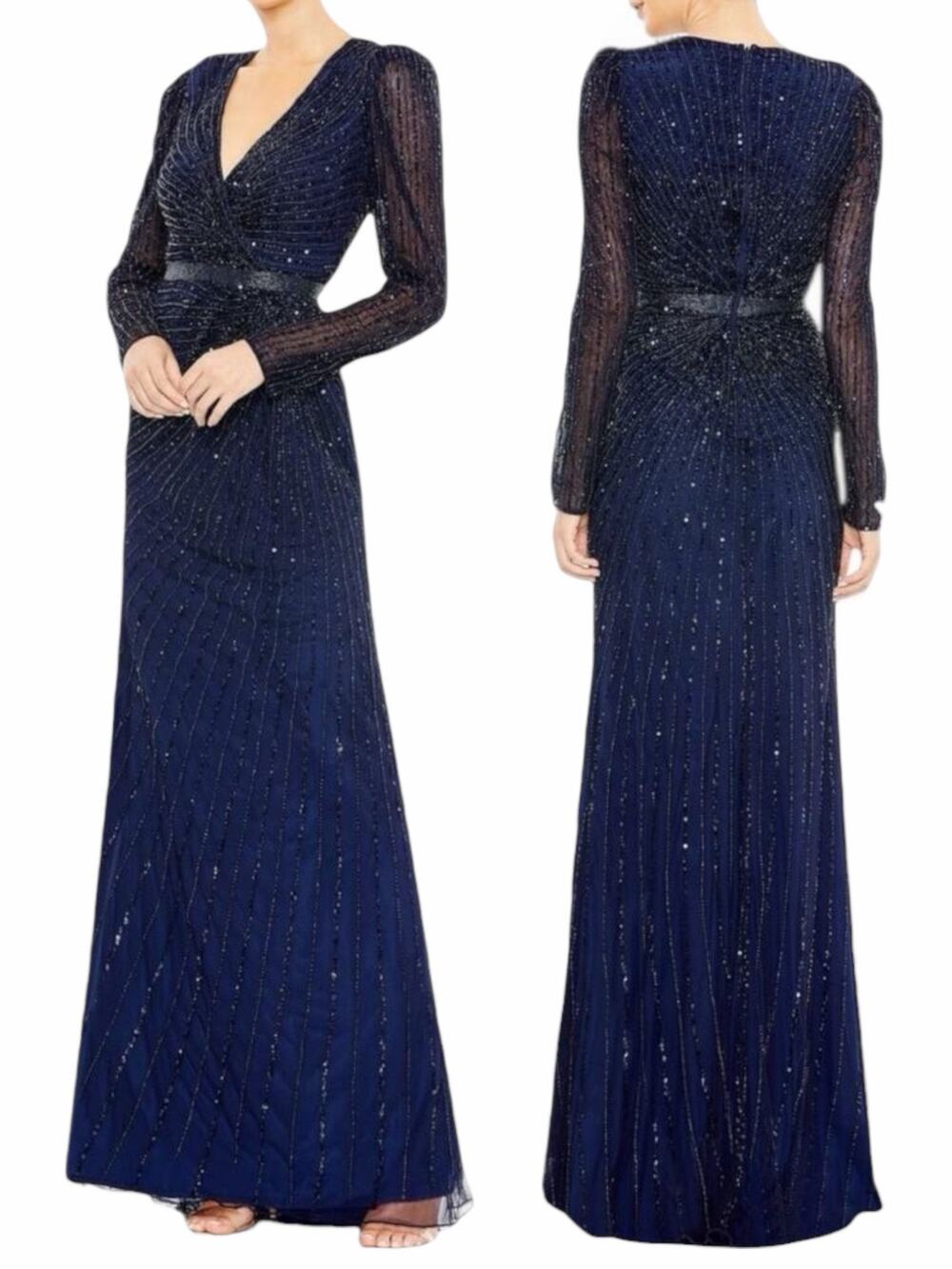 Mac Duggal Sequined Wrap Over Long Sleeve Gown Midnight Blue Size 8